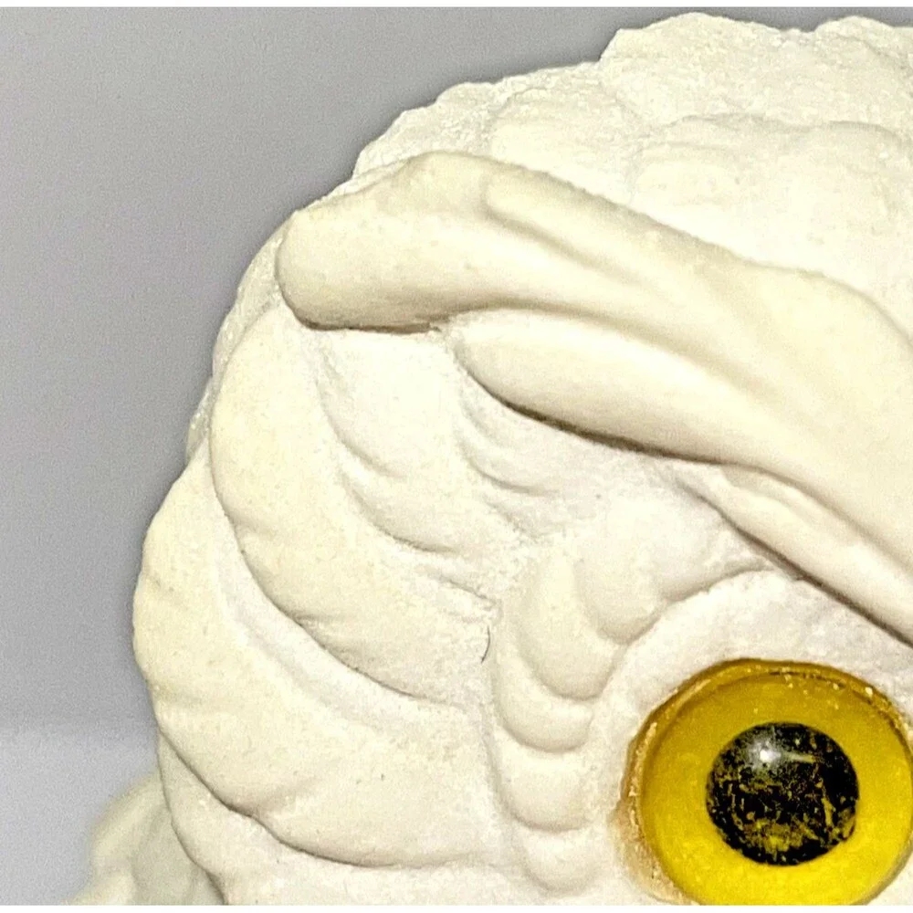 2 Vintage White Alabaster Horned Owl Figurines 5” w/ Yellow Eyes - Made in Italy